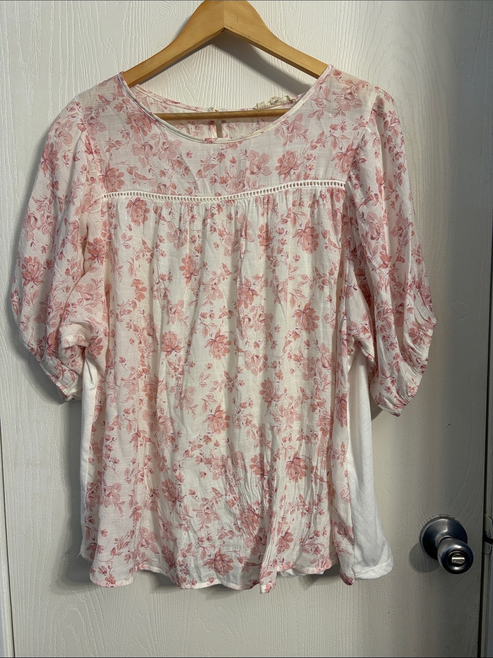 Pink Floral Peasant Tunic Top with Eyelash Trim